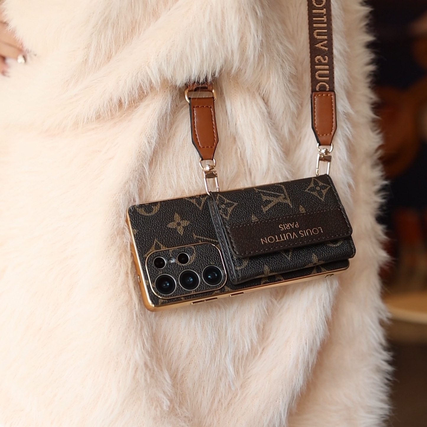 Aukščiausios kokybės odinis Samsung dėklas su kortelės laikikliu & riešo dirželiu