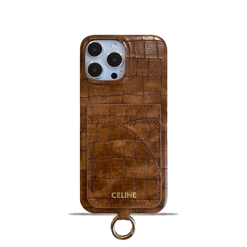 Étui pour iPhone Celine à imprimé alligator avec porte-cartes et sangle marron -EYP241415