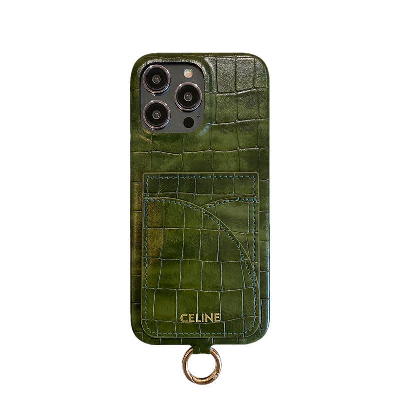 Pouzdro na iPhone Alligator Print Celine s držákem karty a popruhem zelené -EYP241415