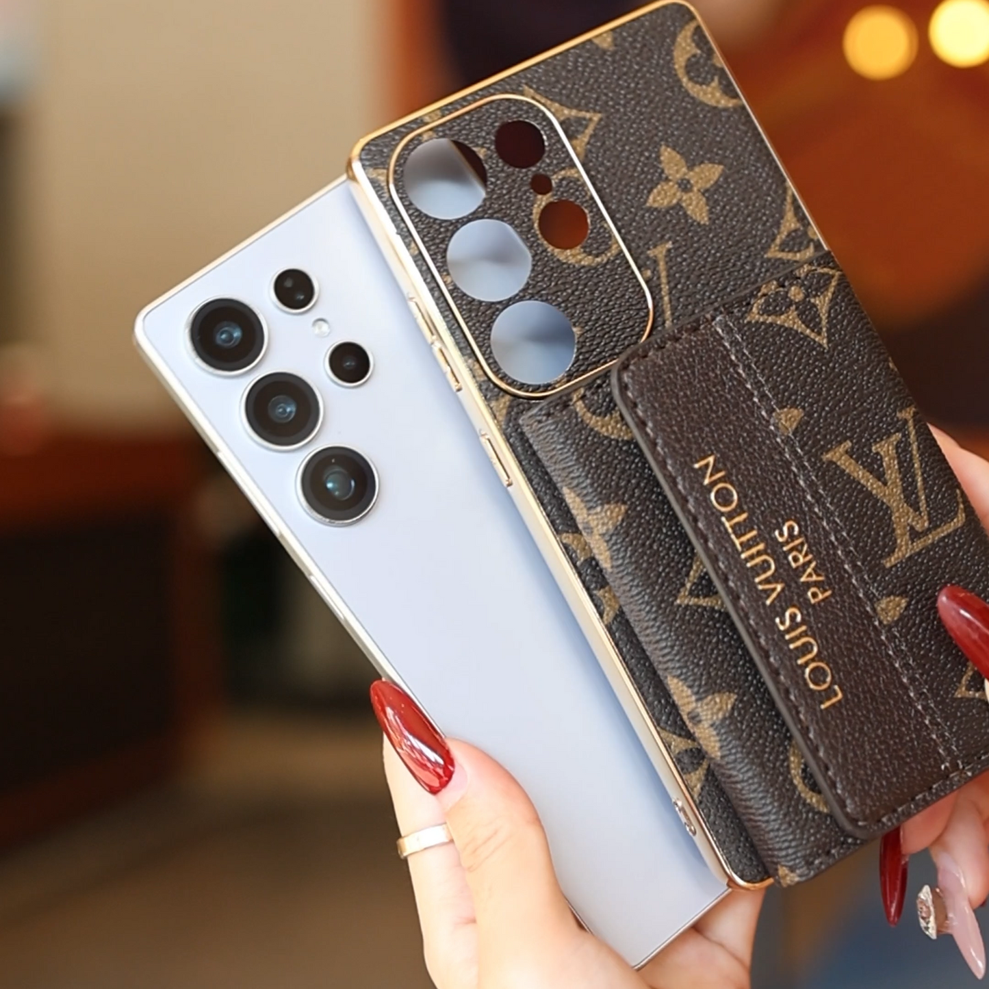 Aukščiausios kokybės odinis Samsung dėklas su kortelės laikikliu & riešo dirželiu