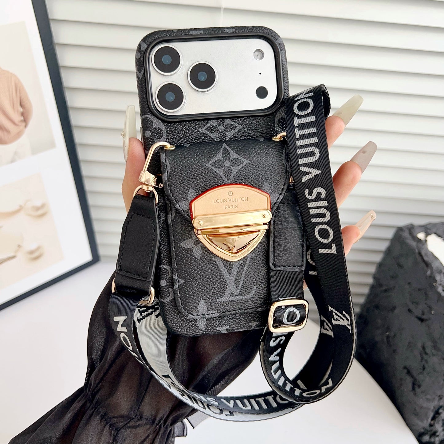 Luxusní crossbody pouzdro na iPhone s kapsou na kartu & Odnímatelný popruh