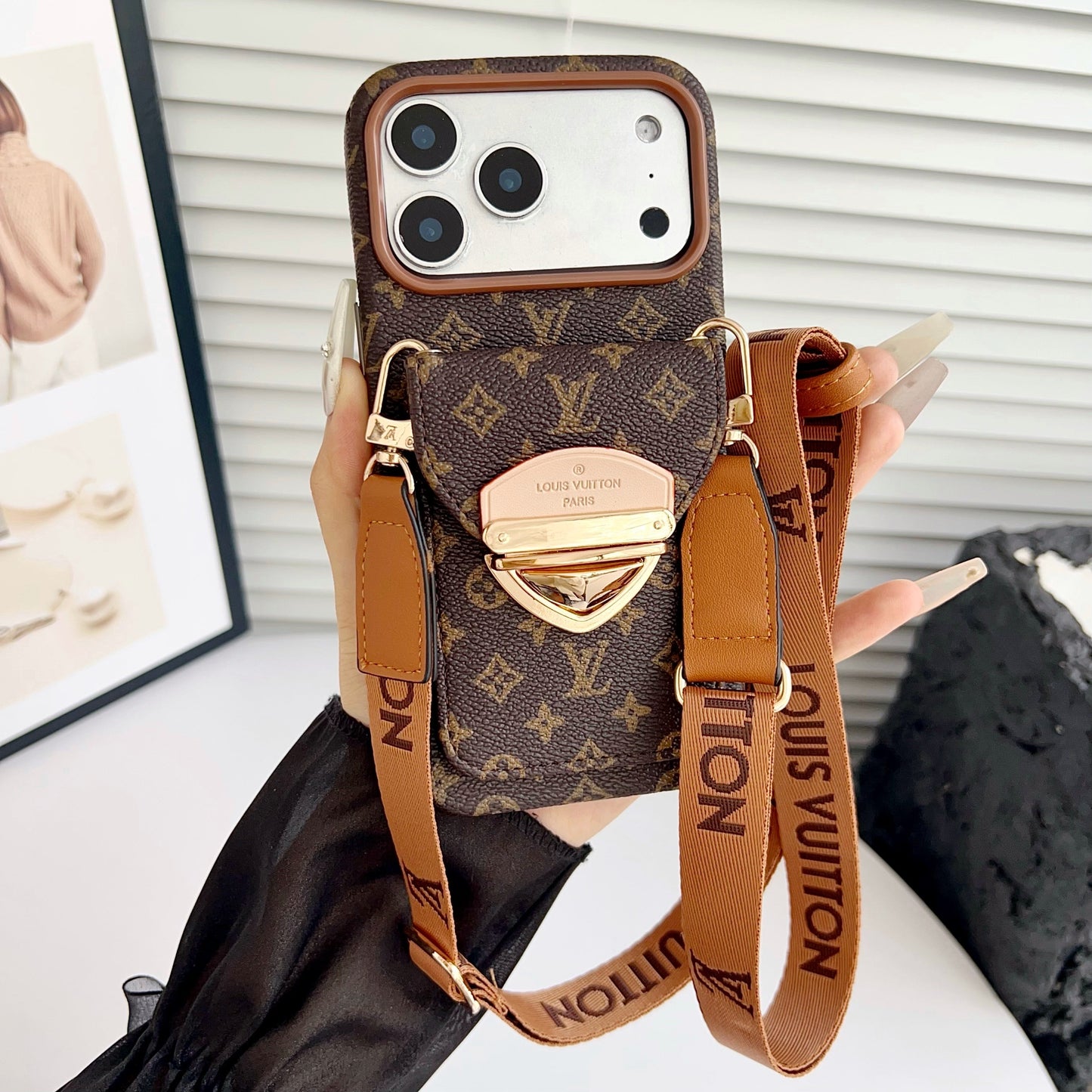 Luxusní crossbody pouzdro na iPhone s kapsou na kartu & Odnímatelný popruh