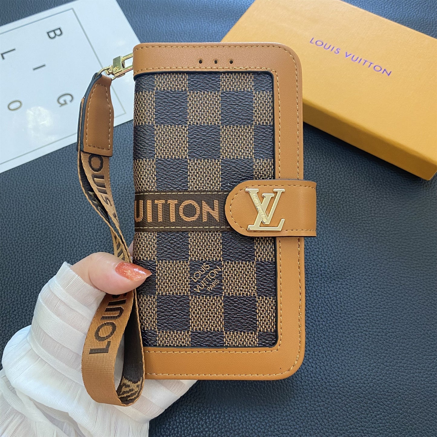プレミアム本革モノグラムキャンバスウォレットカードホルダーケースSamsung Galaxy