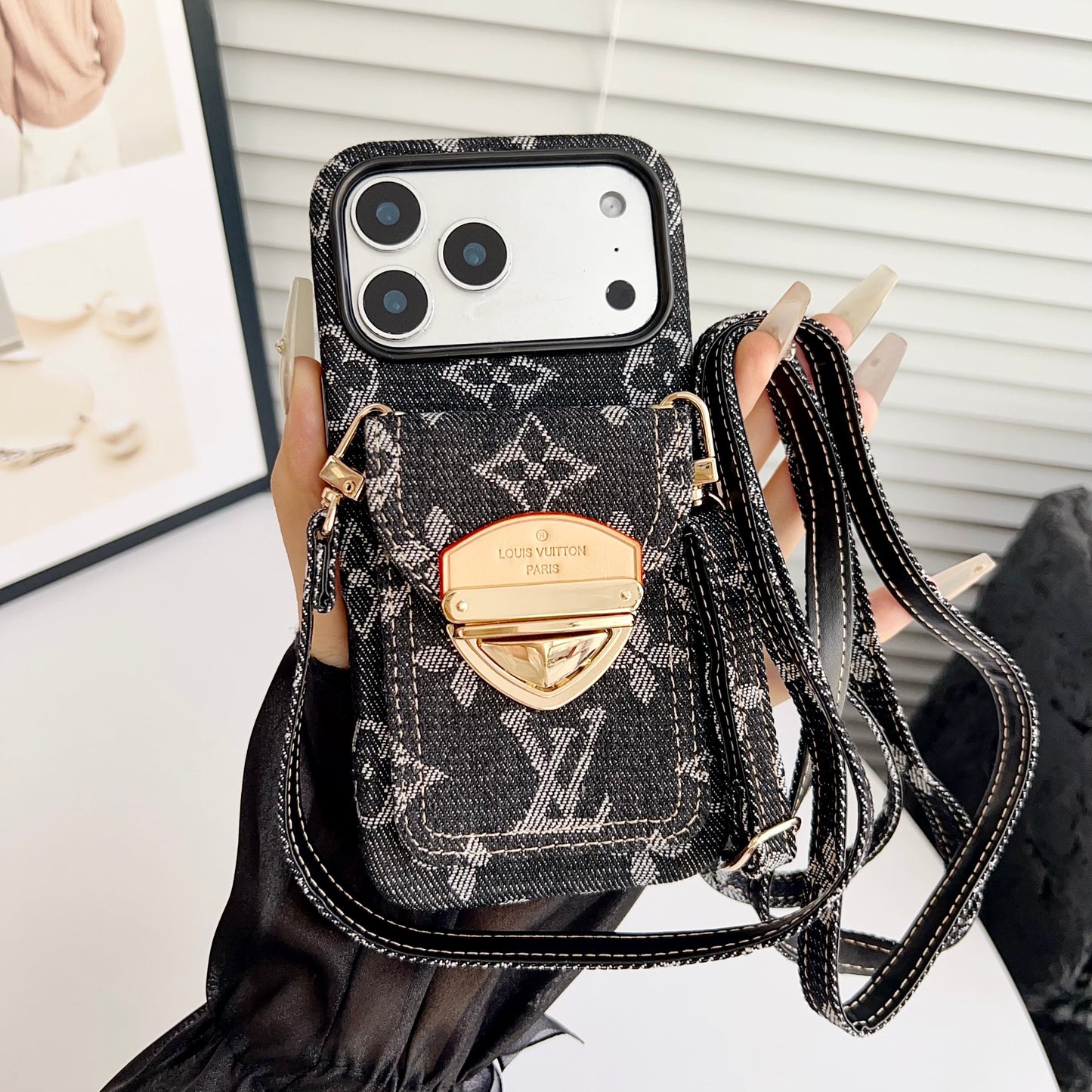 Luxusní crossbody pouzdro na iPhone s kapsou na kartu & Odnímatelný popruh