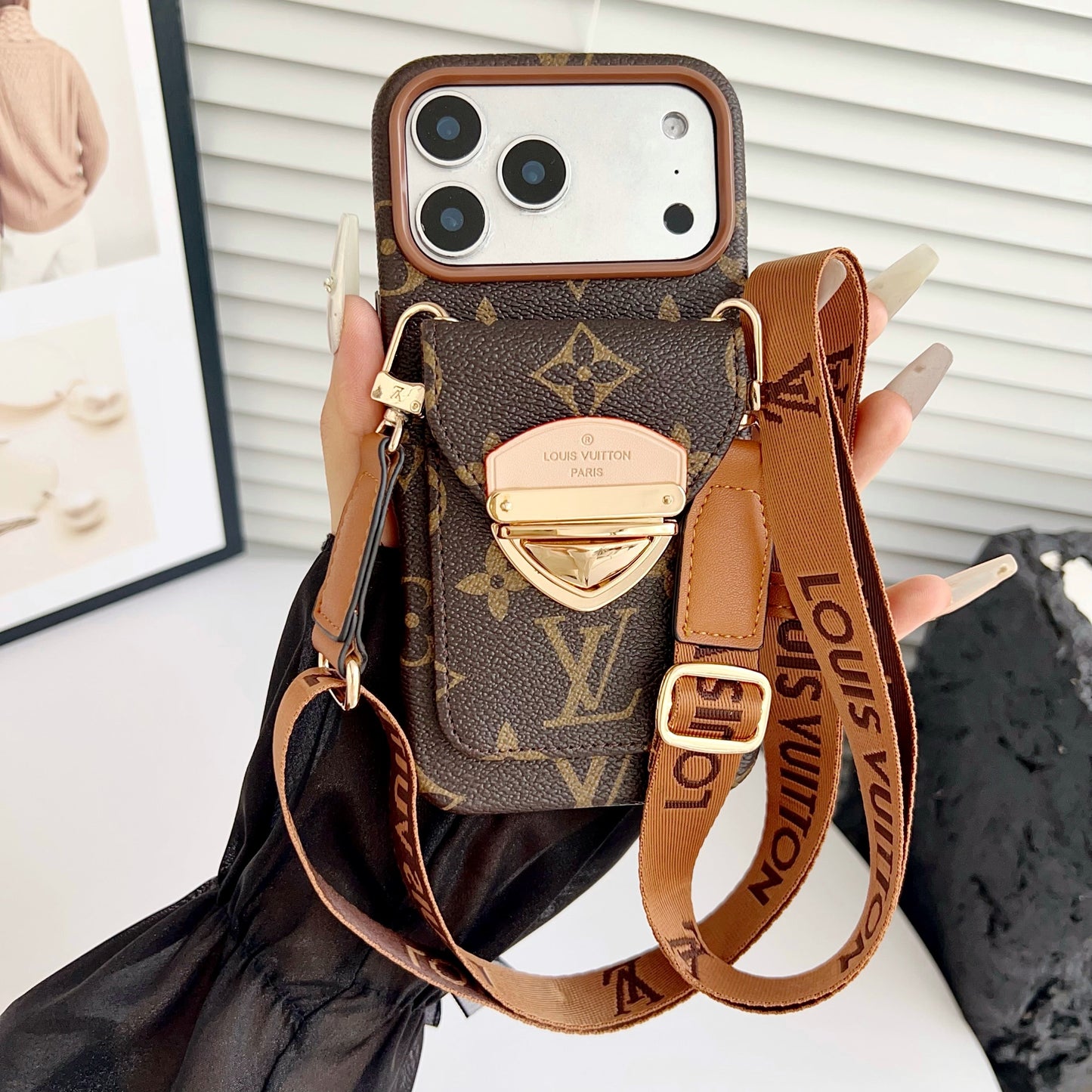 Luxusní crossbody pouzdro na iPhone s kapsou na kartu & Odnímatelný popruh