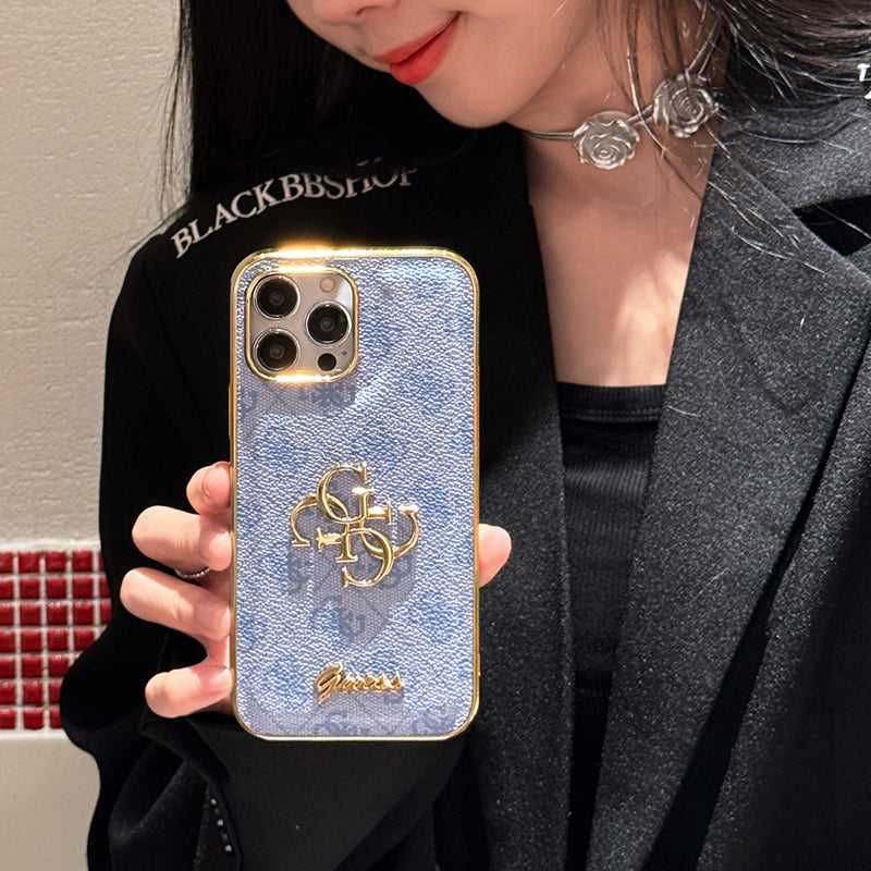 Funda de cuero para iPhone con logo dorado de Gue