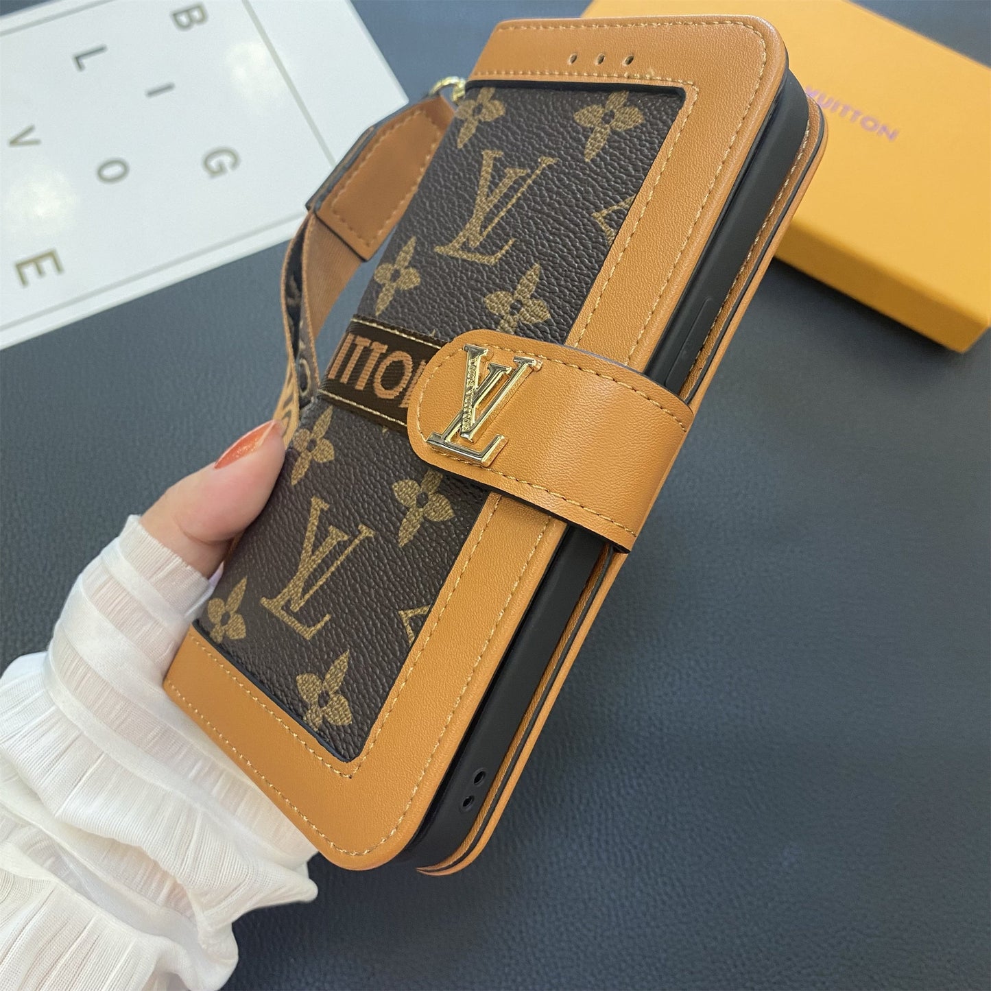 プレミアム本革モノグラムキャンバスウォレットカードホルダーケースSamsung Galaxy