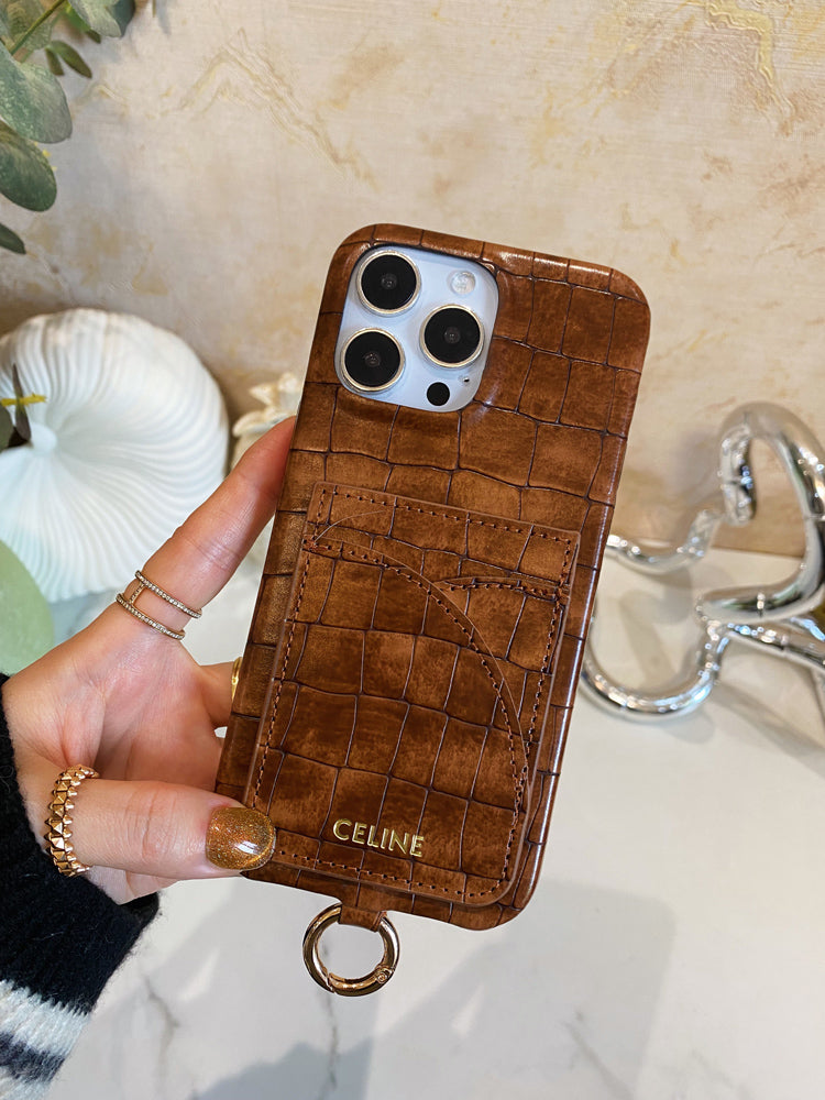 Étui pour iPhone Celine à imprimé alligator avec porte-cartes et sangle marron -EYP241415