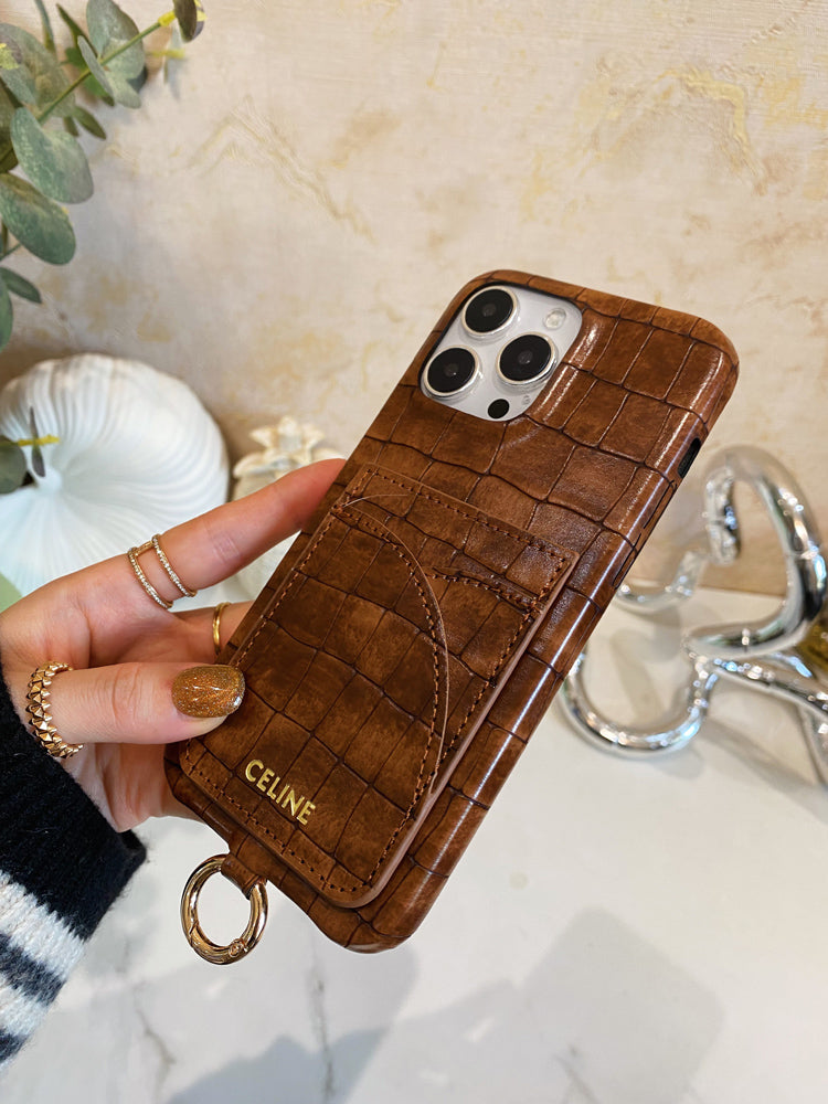 Étui pour iPhone Celine à imprimé alligator avec porte-cartes et sangle marron -EYP241415