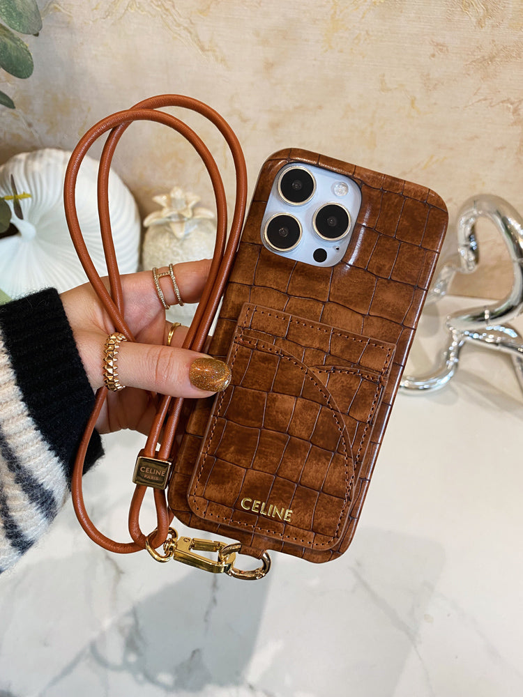 Étui pour iPhone Celine à imprimé alligator avec porte-cartes et sangle marron -EYP241415