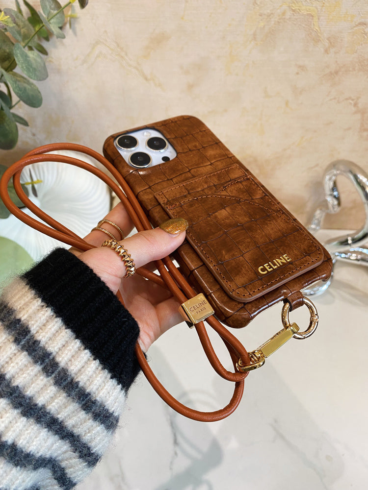 Étui pour iPhone Celine à imprimé alligator avec porte-cartes et sangle marron -EYP241415