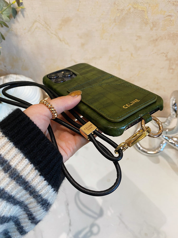 Pouzdro na iPhone Alligator Print Celine s držákem karty a popruhem zelené -EYP241415