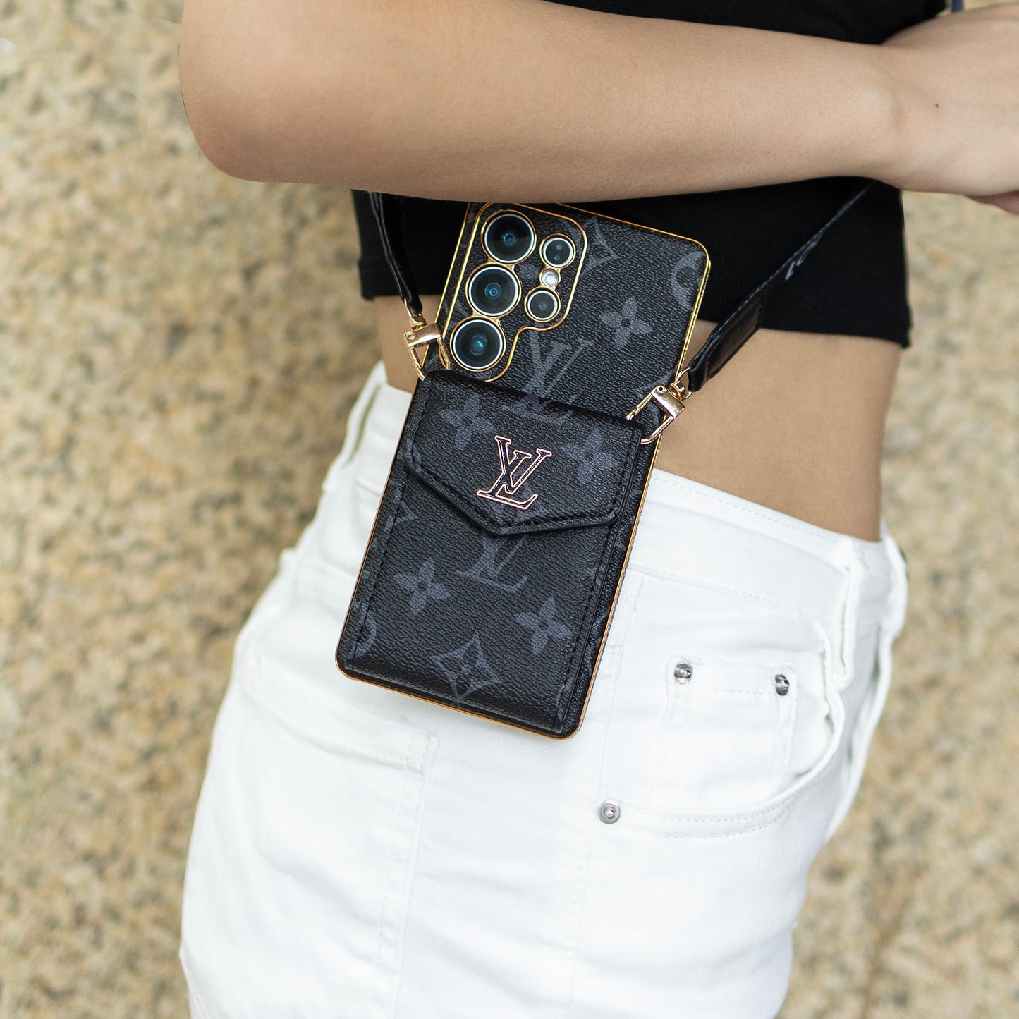 Étui Samsung en cuir classique de luxe avec porte-cartes et sangle