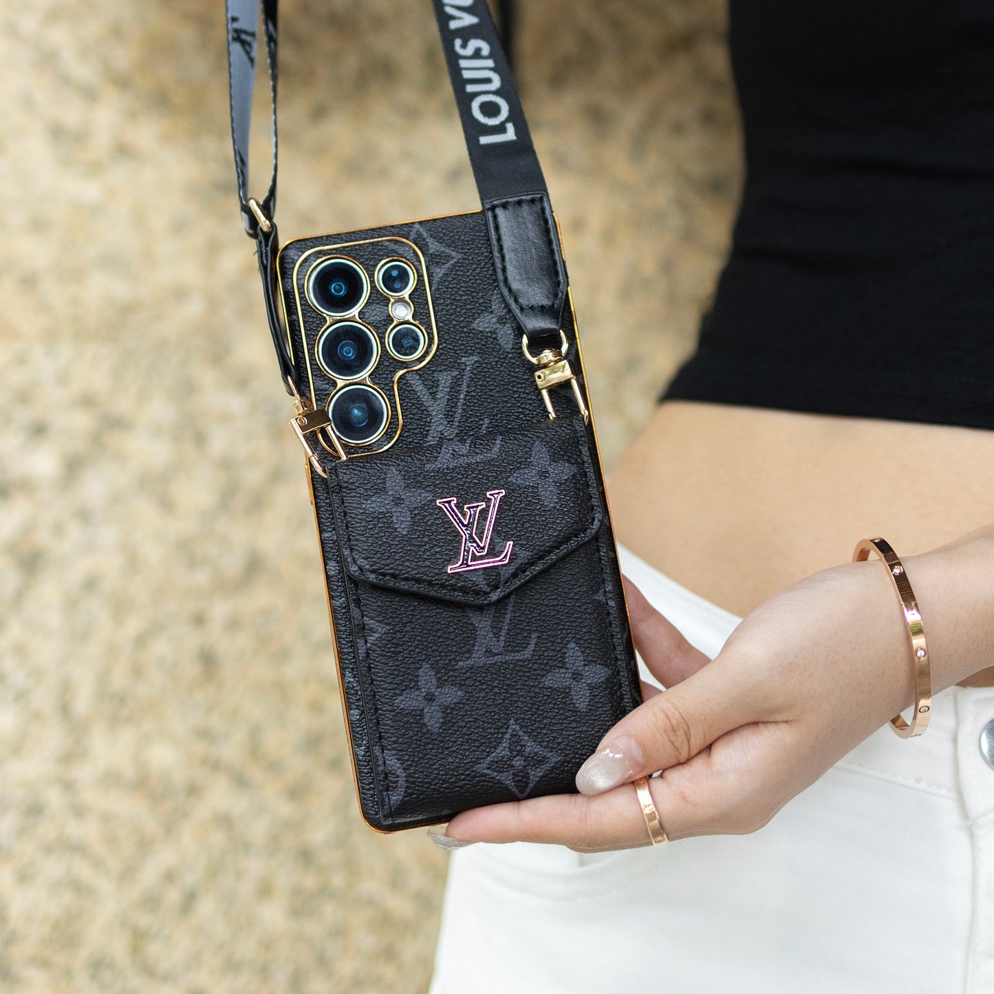 Étui Samsung en cuir classique de luxe avec porte-cartes et sangle