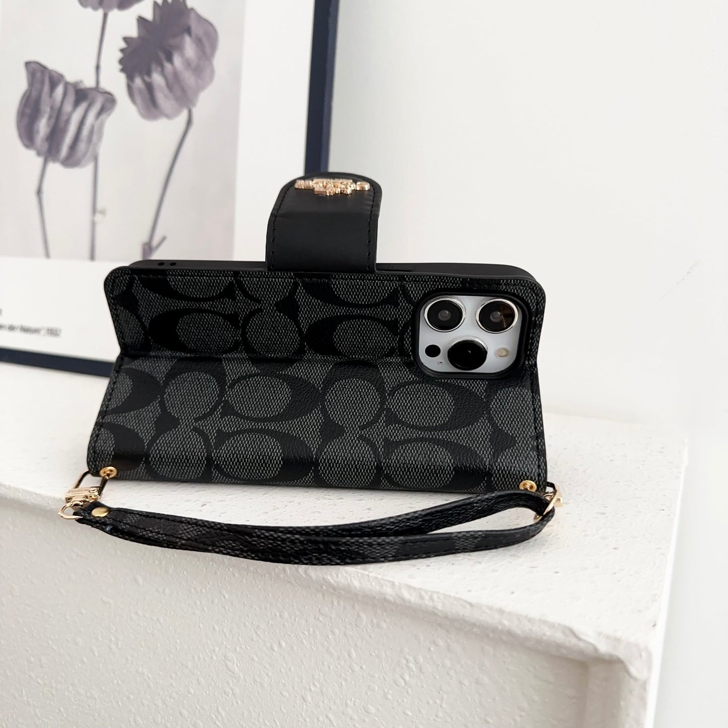 Klassische iPhone-Hülle, Leder-Klapphülle mit Kartenhalter, Schwarz