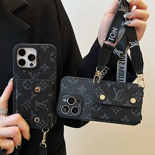 Luxuriöse iPhone-Hülle mit Kartentaschenkette in Schwarz