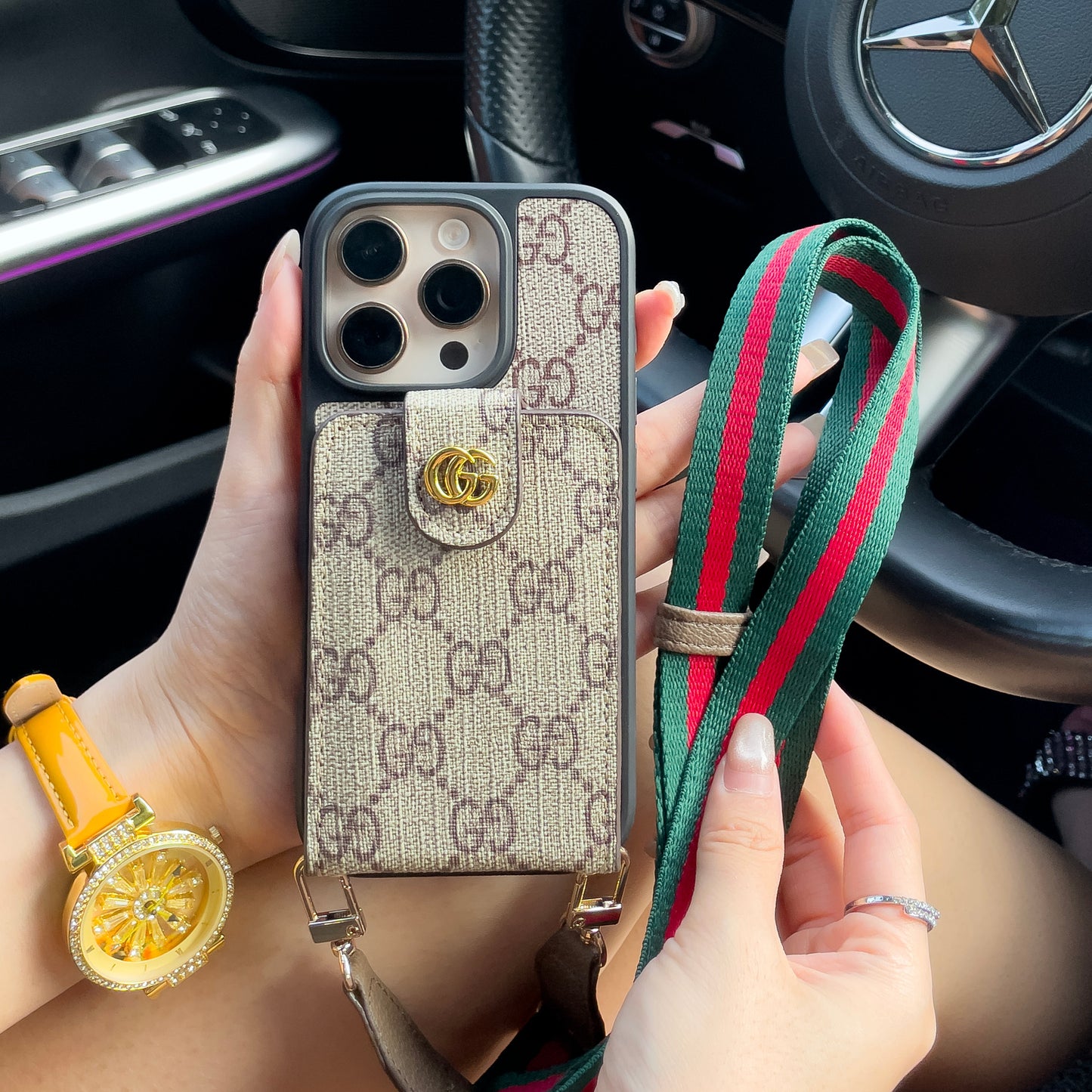 Luxusní crossbody pouzdro na iPhone s držákem karty & řemínkem