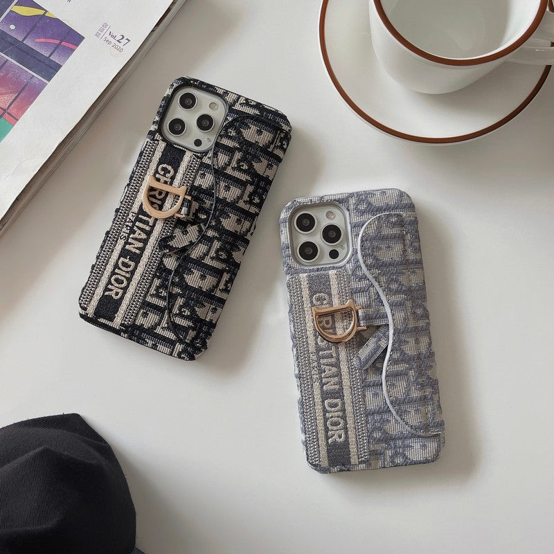 Mode Sort & Grå stofkorttaske til iPhone-etui