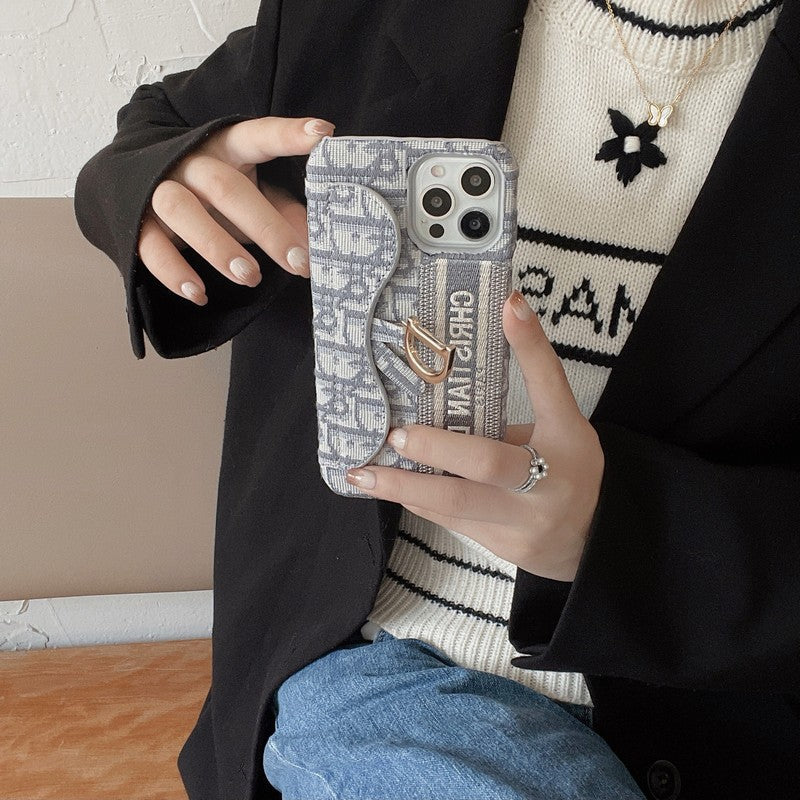 Mode Sort & Grå stofkorttaske til iPhone-etui
