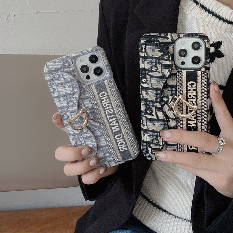 Mode Sort & Grå stofkorttaske til iPhone-etui
