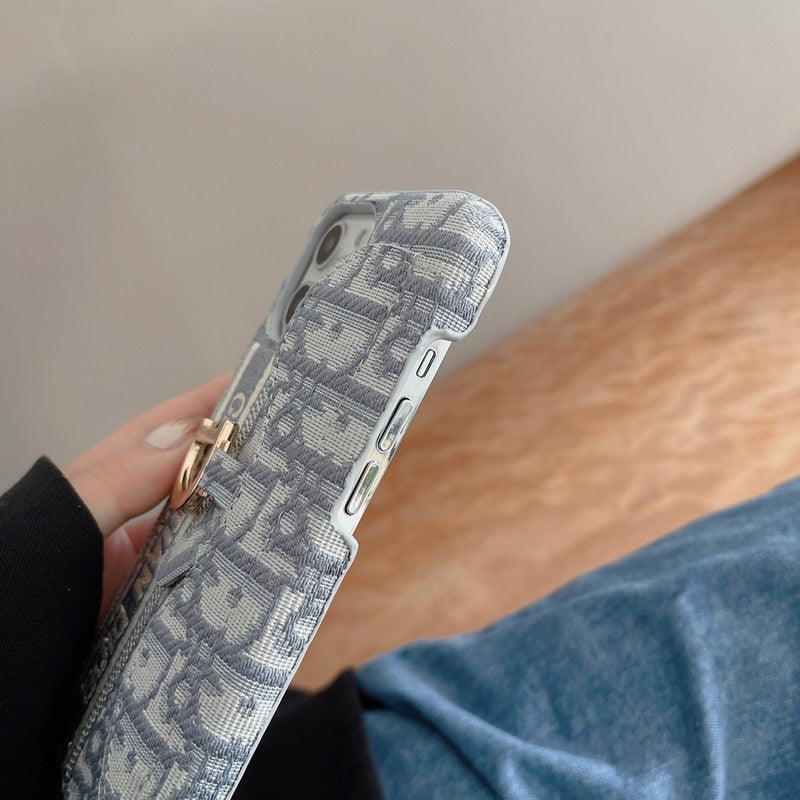 Mode Sort & Grå stofkorttaske til iPhone-etui