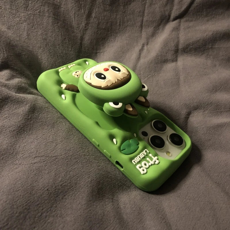 Lindo dibujo animado Labubu Zimomo de silicona con soporte | Marrón/Rosa - Funda para iPhone