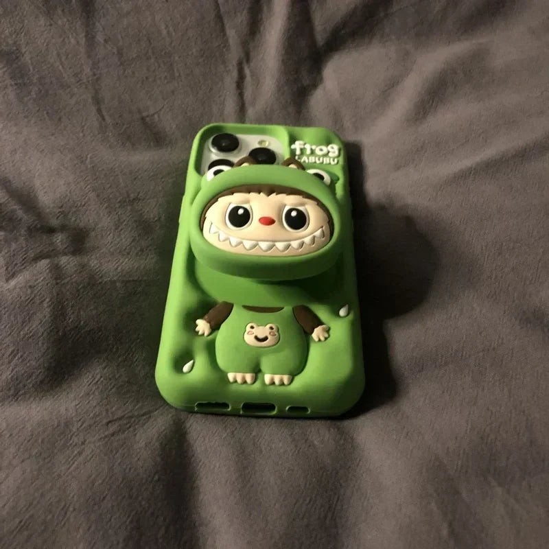 Lindo dibujo animado Labubu Zimomo de silicona con soporte | Marrón/Rosa - Funda para iPhone