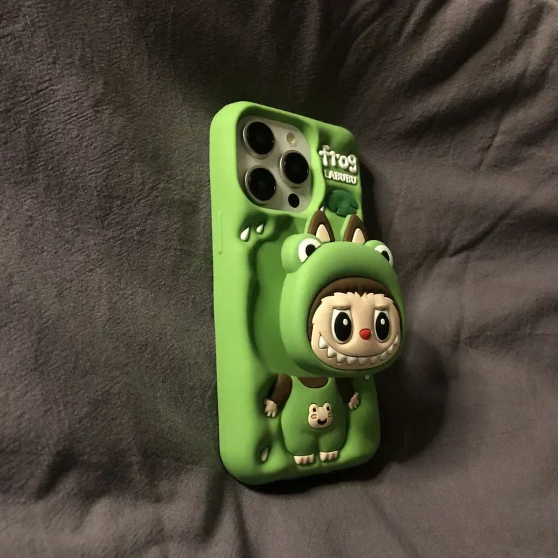 Lindo dibujo animado Labubu Zimomo de silicona con soporte | Marrón/Rosa - Funda para iPhone